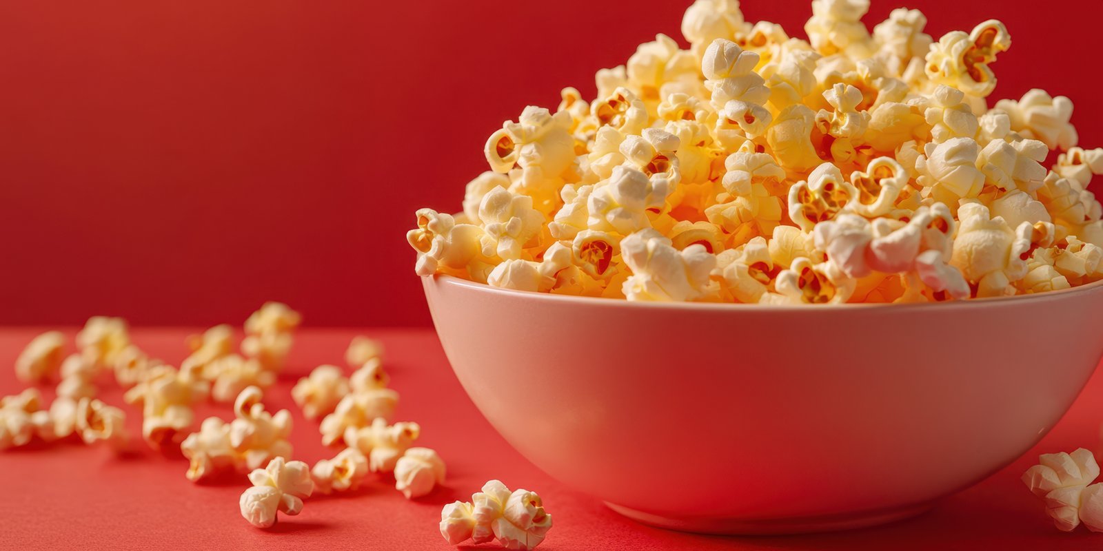 Enjoying a large bowl of freshly popped popcorn against a vibrant red background during movie night with family or friends